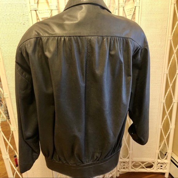 VINTAGE 80s Leather Jacket Black Bomber Oversized Batwing Sleeve Comint Large - Picture 5 of 16